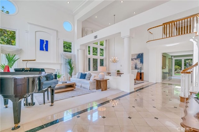 48 Via Porto Grande, Rancho Palos Verdes, CA 90275 - tiled living area with a towering ceiling, healthy amount of natural light, inlaid floor details, recessed lighting, and ornamental molding