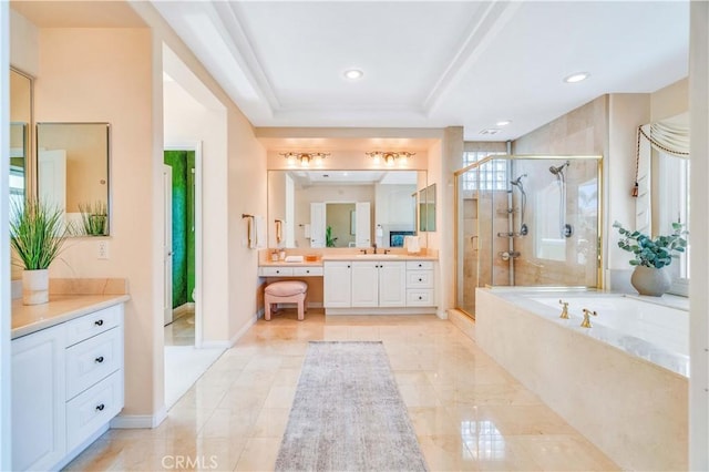 48 Via Porto Grande, Rancho Palos Verdes, CA 90275 - bathroom featuring a garden tub, a shower stall, vanity, recessed lighting, and a tray ceiling