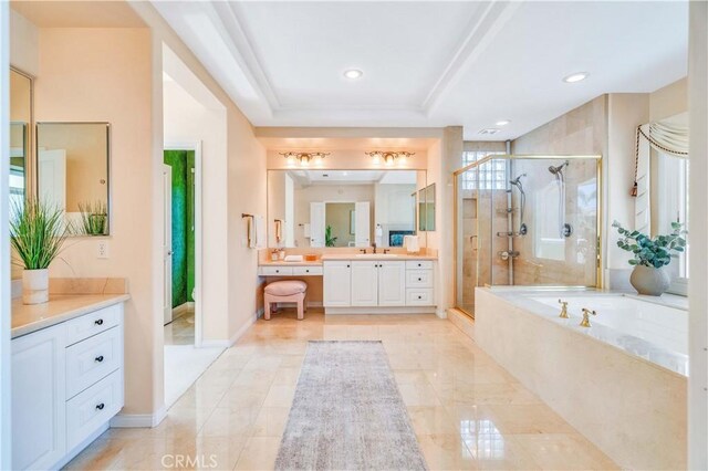 48 Via Porto Grande, Rancho Palos Verdes, CA 90275 - bathroom with a garden tub, a stall shower, vanity, recessed lighting, and a raised ceiling