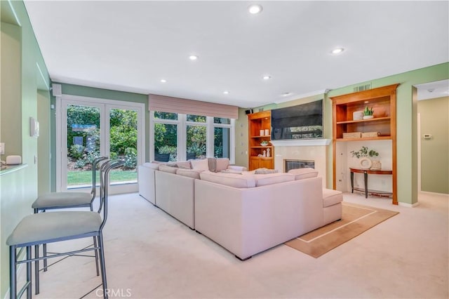 48 Via Porto Grande, Rancho Palos Verdes, CA 90275 - carpeted living room with recessed lighting and a glass covered fireplace
