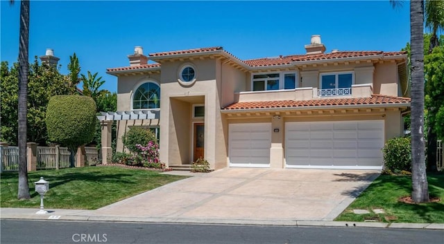 48 Via Porto Grande, Rancho Palos Verdes, CA 90275 - mediterranean / spanish house featuring stucco siding, an attached garage, driveway, a tile roof, and a balcony
