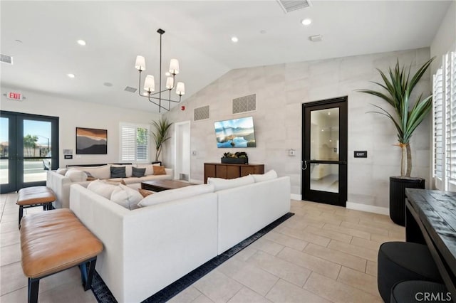 16233 Lozano St Unit 2, Fontana, CA 92336 - living area with french doors, lofted ceiling, a chandelier, recessed lighting, and baseboards