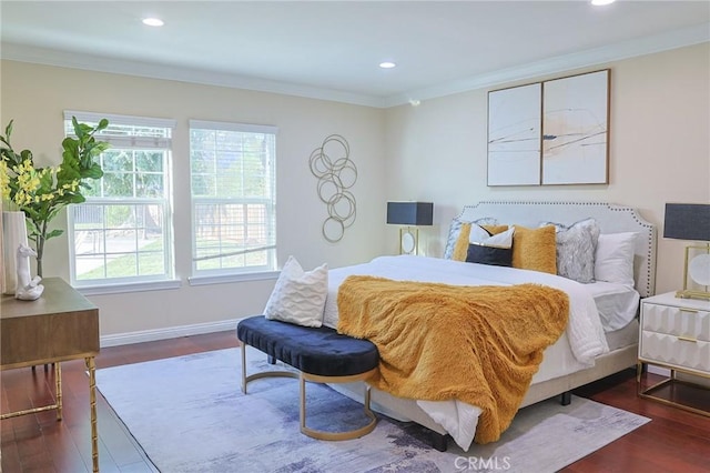 251 W Le Roy Ave, Arcadia, CA 91007 - bedroom with crown molding, dark wood-style flooring, recessed lighting, and baseboards