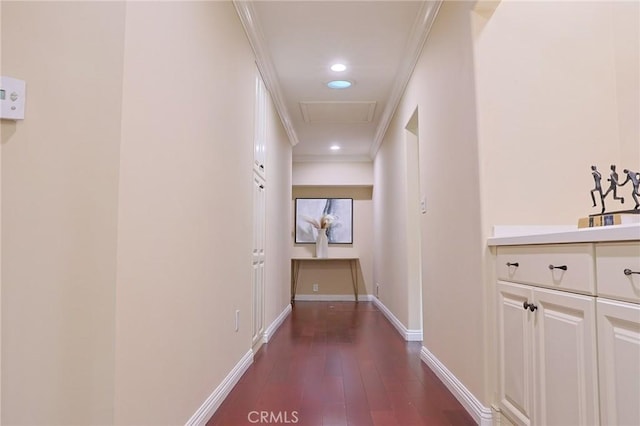 251 W Le Roy Ave, Arcadia, CA 91007 - hallway featuring attic access, baseboards, ornamental molding, dark wood-style floors, and recessed lighting