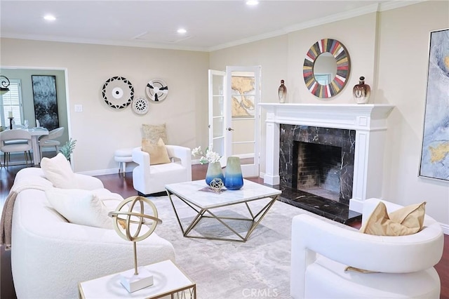 251 W Le Roy Ave, Arcadia, CA 91007 - living area featuring baseboards, recessed lighting, ornamental molding, a premium fireplace, and wood finished floors