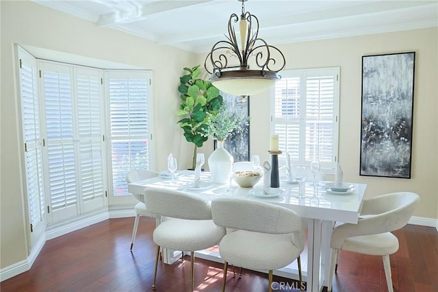 251 W Le Roy Ave, Arcadia, CA 91007 - dining space with dark wood-style flooring, crown molding, baseboards, beam ceiling, and a chandelier