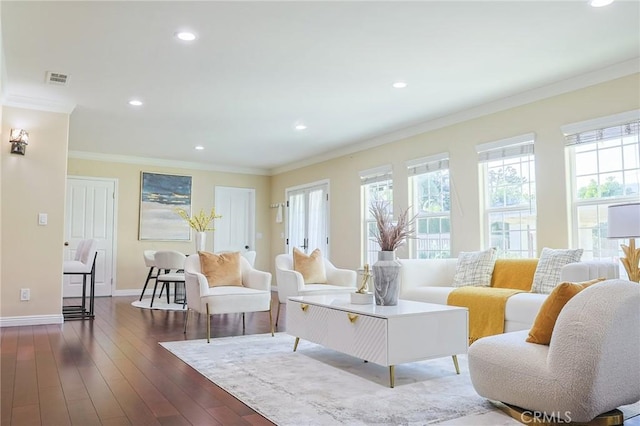 251 W Le Roy Ave, Arcadia, CA 91007 - living area featuring healthy amount of natural light, crown molding, dark wood-style floors, baseboards, and recessed lighting