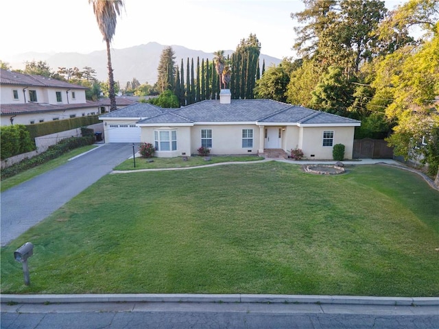 251 W Le Roy Ave, Arcadia, CA 91007 - ranch-style house with a chimney, stucco siding, a mountain view, asphalt driveway, and a garage