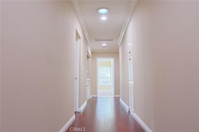 251 W Le Roy Ave, Arcadia, CA 91007 - hallway with ornamental molding, baseboards, dark wood finished floors, and attic access