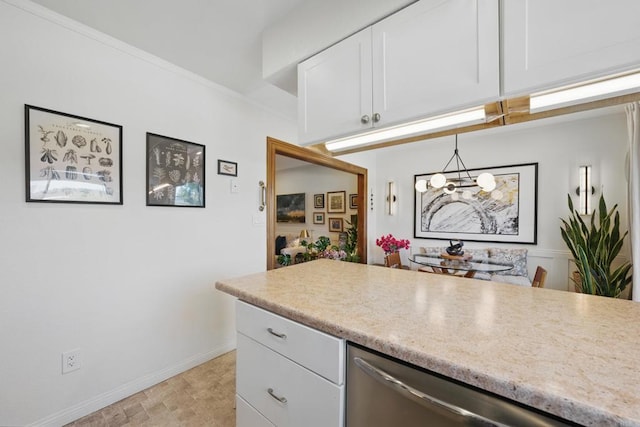 7930 Mission Center Ct Unit F, San Diego, CA 92108 - kitchen with a chandelier, white cabinets, baseboards, dishwasher, and light stone counters