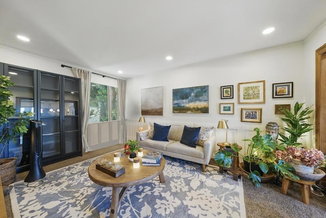7930 Mission Center Ct Unit F, San Diego, CA 92108 - carpeted living room featuring a wainscoted wall and recessed lighting