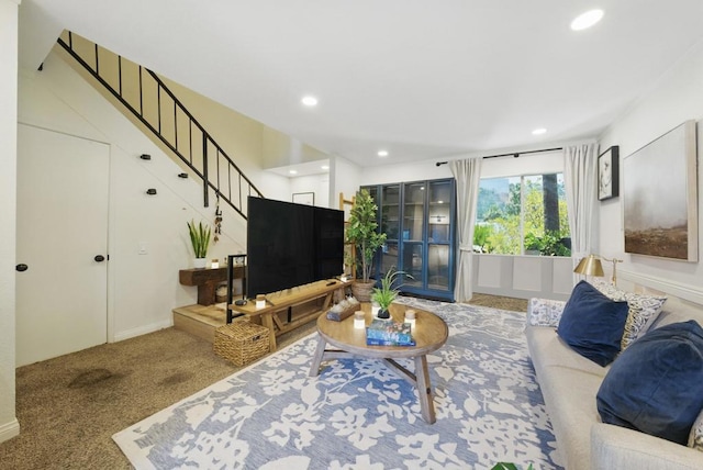 7930 Mission Center Ct Unit F, San Diego, CA 92108 - carpeted living area with stairs and recessed lighting