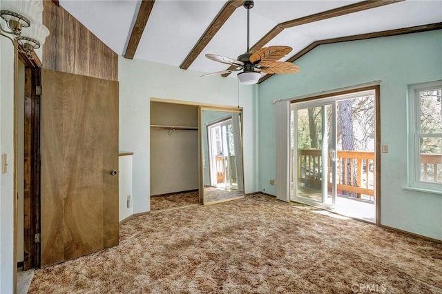 33079 Ridge Rd, Arrowbear, CA 92382 - unfurnished bedroom featuring access to exterior, lofted ceiling, carpet, a closet, and ceiling fan