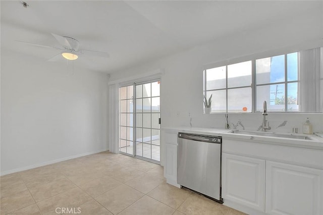 4315 W 145th St Unit 10, Lawndale, CA 90260 - kitchen with stainless steel dishwasher, a sink, light countertops, white cabinets, and a ceiling fan