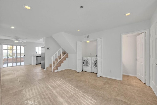 4315 W 145th St Unit 10, Lawndale, CA 90260 - washroom featuring washing machine and clothes dryer, recessed lighting, light tile patterned floors, a ceiling fan, and baseboards