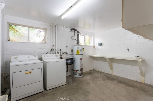 11952 Darlington Ave Unit 6, Los Angeles, CA 90049 - laundry area with gas water heater, washer and dryer, concrete block wall, and a sink