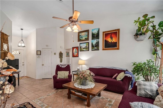 44044 11th St E, Lancaster, CA 93535 - living room featuring light tile patterned flooring, a ceiling fan, and high vaulted ceiling