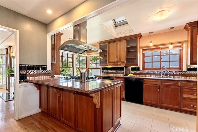 2042 E Crary St, Pasadena, CA 91104 - kitchen with a sink, dishwasher, island exhaust hood, a skylight, and brown cabinetry