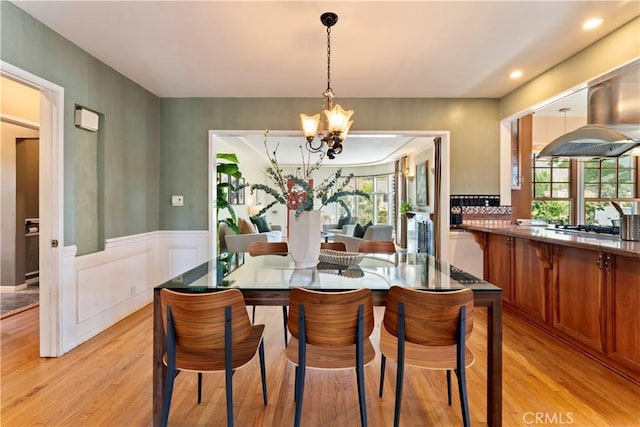2042 E Crary St, Pasadena, CA 91104 - dining room with a chandelier, light wood finished floors, healthy amount of natural light, a wainscoted wall, and recessed lighting