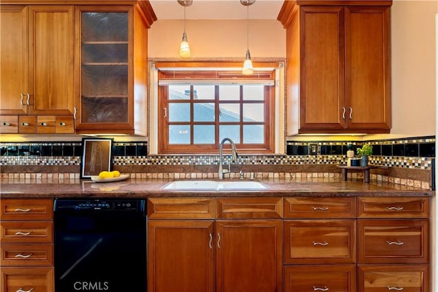 2042 E Crary St, Pasadena, CA 91104 - kitchen with black dishwasher, a sink, dark countertops, and brown cabinetry