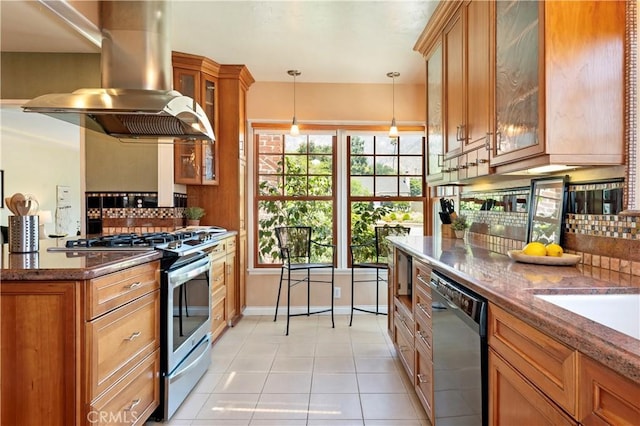 2042 E Crary St, Pasadena, CA 91104 - kitchen with dishwasher, stainless steel gas stove, island exhaust hood, backsplash, and brown cabinets