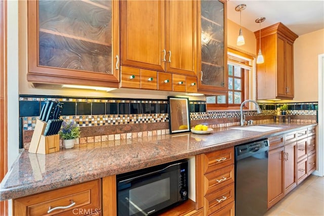 2042 E Crary St, Pasadena, CA 91104 - kitchen featuring black appliances, brown cabinetry, a sink, decorative light fixtures, and tasteful backsplash