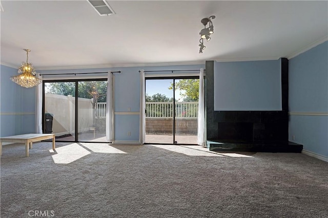 22809 Chardonnay Dr Unit 2, Diamond Bar, CA 91765 - unfurnished living room featuring ornamental molding, carpet floors, and a chandelier