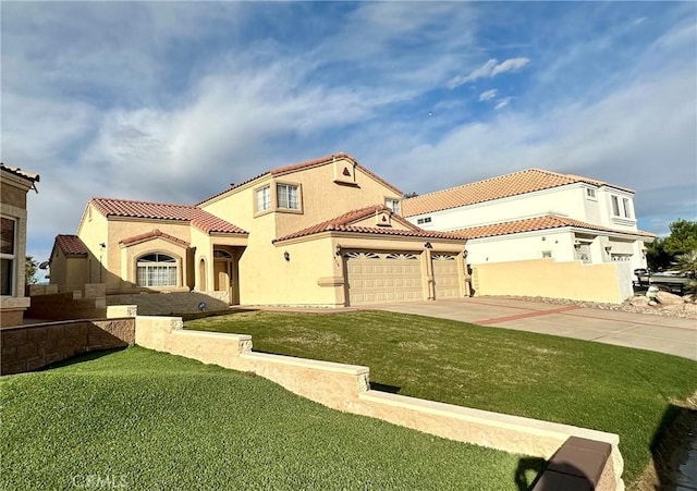 915 Beach Dr, Needles, CA 92363 - rear view of property with an attached garage, a tile roof, stucco siding, a yard, and concrete driveway