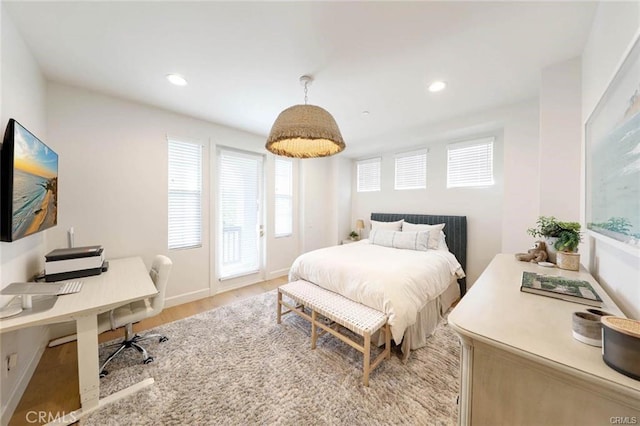32 Bargemon, Newport Coast, CA 92657 - bedroom with light wood-type flooring, recessed lighting, an office area, and access to exterior