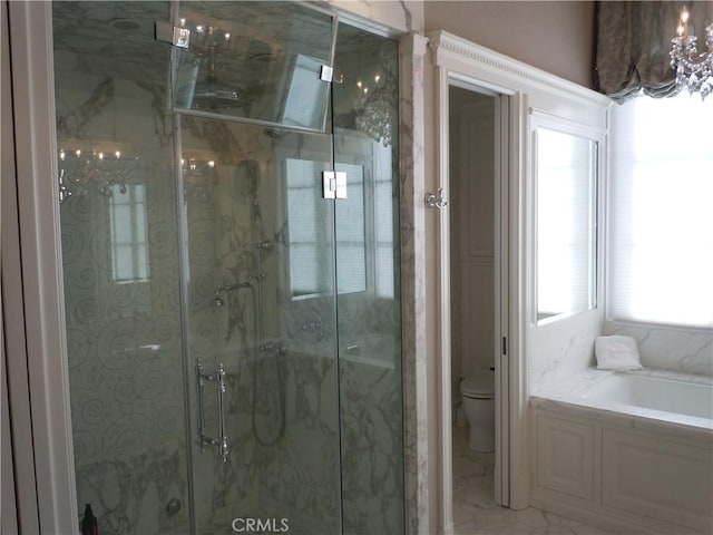 59 Rivo Alto Canal, Long Beach, CA 90803 - full bathroom with a bath, a marble finish shower, toilet, and marble look tile flooring