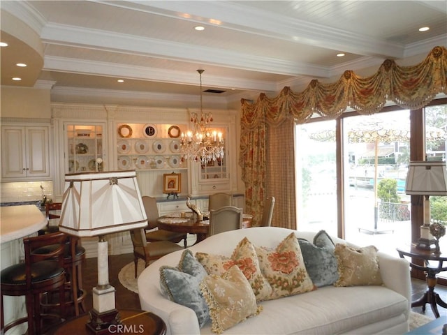 59 Rivo Alto Canal, Long Beach, CA 90803 - living area featuring beam ceiling, crown molding, and a chandelier