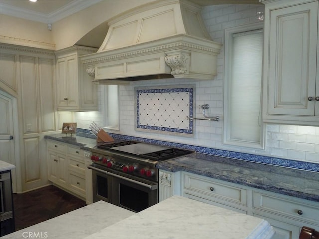 59 Rivo Alto Canal, Long Beach, CA 90803 - kitchen featuring double oven range, custom range hood, cream cabinetry, and ornamental molding