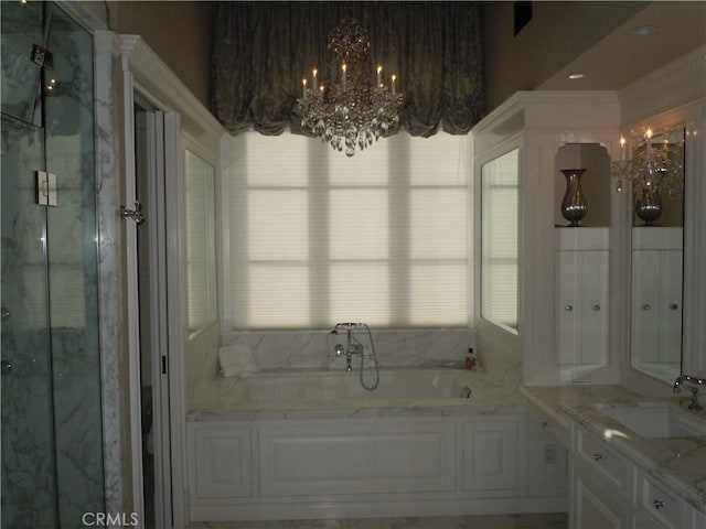 59 Rivo Alto Canal, Long Beach, CA 90803 - bathroom featuring a garden tub, a marble finish shower, vanity, and a chandelier