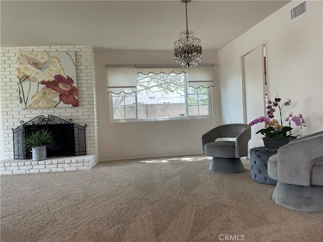 14505 Palm Ave, Hacienda Heights, CA 91745 - sitting room featuring carpet flooring, a chandelier, a brick fireplace, and baseboards