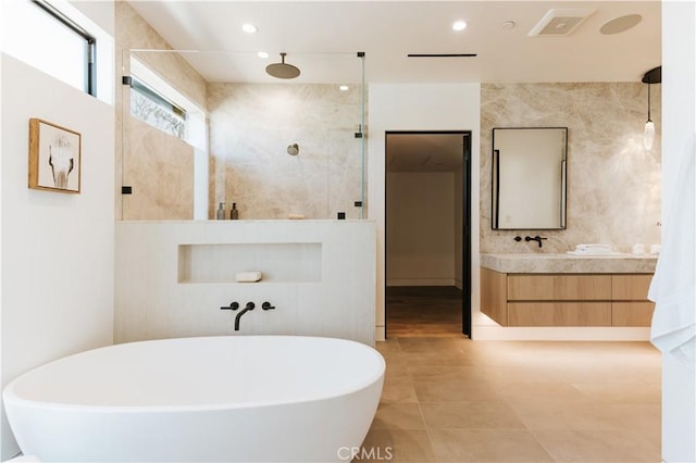 2321 Mesa Dr, Newport Beach, CA 92660 - full bathroom featuring a tile shower, a freestanding bath, vanity, and recessed lighting