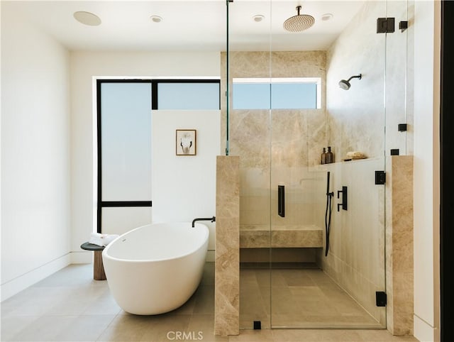 2321 Mesa Dr, Newport Beach, CA 92660 - bathroom featuring a shower stall, a freestanding tub, and tile patterned floors