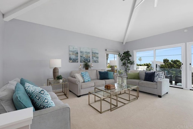 5918 Germaine Ln, La Jolla, CA 92037 - living room featuring beamed ceiling, light colored carpet, and high vaulted ceiling