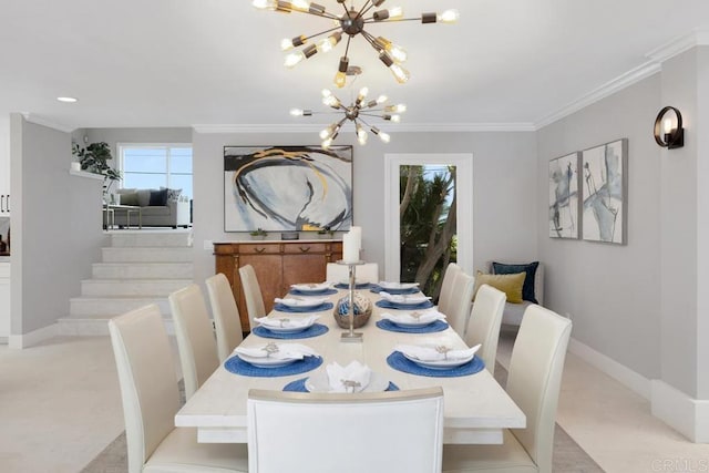 5918 Germaine Ln, La Jolla, CA 92037 - dining room with a chandelier, healthy amount of natural light, baseboards, stairs, and crown molding