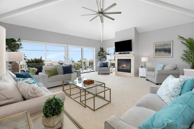 5918 Germaine Ln, La Jolla, CA 92037 - living area featuring a ceiling fan, light colored carpet, beam ceiling, a fireplace, and high vaulted ceiling
