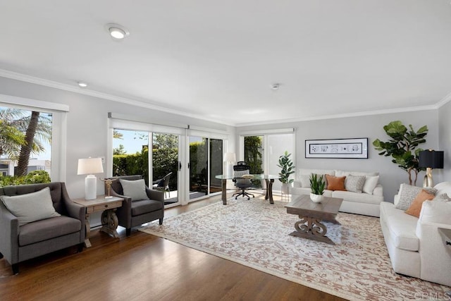 5918 Germaine Ln, La Jolla, CA 92037 - living area featuring healthy amount of natural light, wood finished floors, and ornamental molding