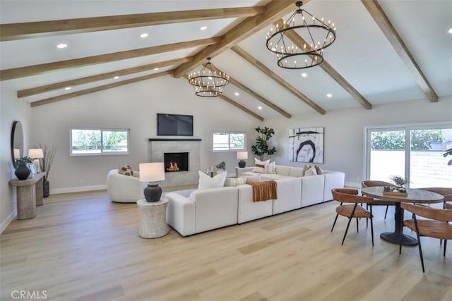 13181 Olympia Way N, Tustin, CA 92705 - living area featuring a chandelier, light wood-style flooring, recessed lighting, and a fireplace