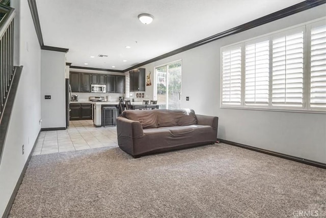 5794 Bay Hill Ln, Fontana, CA 92336 - living room featuring crown molding, light carpet, and light tile patterned floors