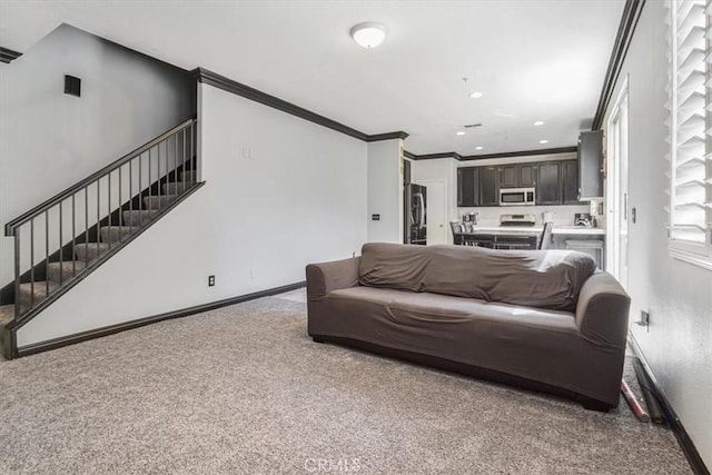 5794 Bay Hill Ln, Fontana, CA 92336 - living room featuring carpet flooring, stairs, crown molding, and recessed lighting