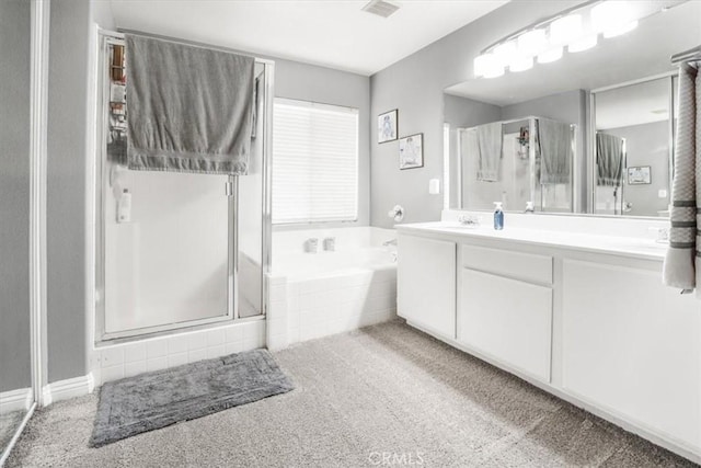 5794 Bay Hill Ln, Fontana, CA 92336 - full bath with a stall shower, double vanity, a bath, and carpet