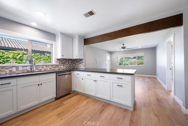 280 Tally Ho Rd, Arroyo Grande, CA 93420 - kitchen featuring stainless steel dishwasher, a sink, a peninsula, dark countertops, and recessed lighting