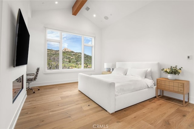 2775 Calbourne Ln, Westlake Village, CA 91361 - bedroom with beamed ceiling, light wood finished floors, baseboards, recessed lighting, and high vaulted ceiling