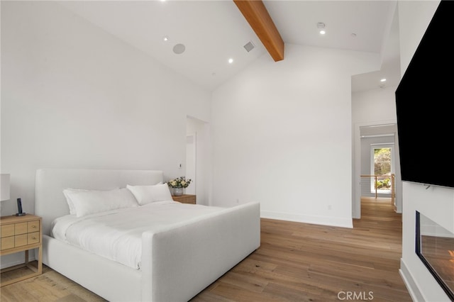 2775 Calbourne Ln, Westlake Village, CA 91361 - bedroom featuring beamed ceiling, high vaulted ceiling, light wood-type flooring, recessed lighting, and baseboards