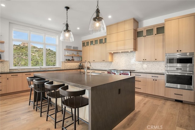 2775 Calbourne Ln, Westlake Village, CA 91361 - kitchen featuring open shelves, light brown cabinets, double oven, and recessed lighting