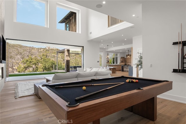 2775 Calbourne Ln, Westlake Village, CA 91361 - playroom with a towering ceiling, pool table, light wood finished floors, baseboards, and recessed lighting