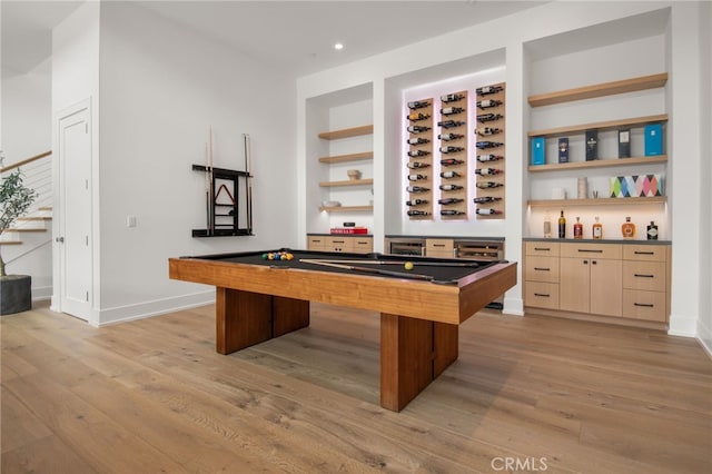 2775 Calbourne Ln, Westlake Village, CA 91361 - recreation room featuring light wood finished floors, billiards, baseboards, recessed lighting, and built in shelves